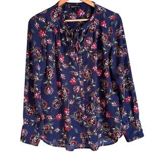 Express Womens Size Medium Blue Floral Button Tab Sleeves Tie Neck Casual Blouse